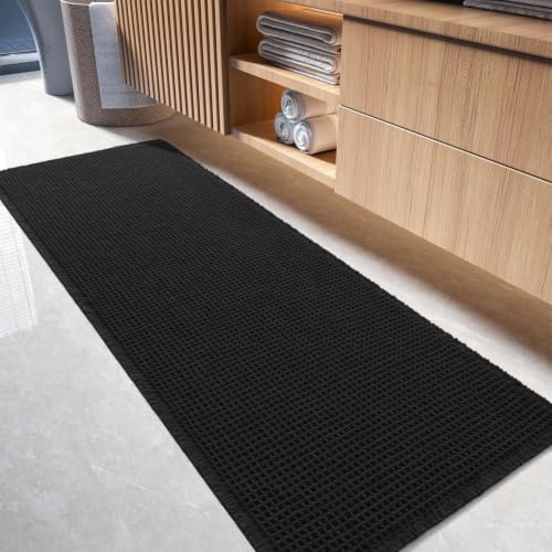 tchdio Waffle Bath Mat-Runner Rug, Super Absorbent Non Slip Bath Mats for Bathroom Machine Washable Long Rugs with Tassels, Bath Rugs for Bathroom Floor Beside Tub, 2' x 4'(24" x 48"), Black - color: Black, size: 24" x 48"
