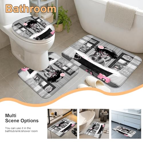 4Pcs African American Shower Curtain Sets with Rugs, Black Girl Shower Curtain for Bathroom Decor Sets with Paris Eiffel Tower Art Pattern, Grey Waterproof juego de baño, with 12 PCS Hooks - color: Grey