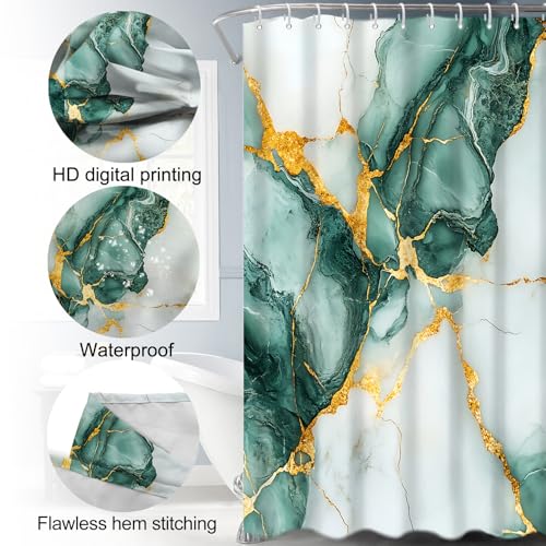 Lnond 4Pcs Marble Bathroom Sets with Shower Curtain and Rugs,Green Gold Marble Modern Art Bathroom Shower Curtain Sets with Rugs and Accessories - color: Green Gold Marble