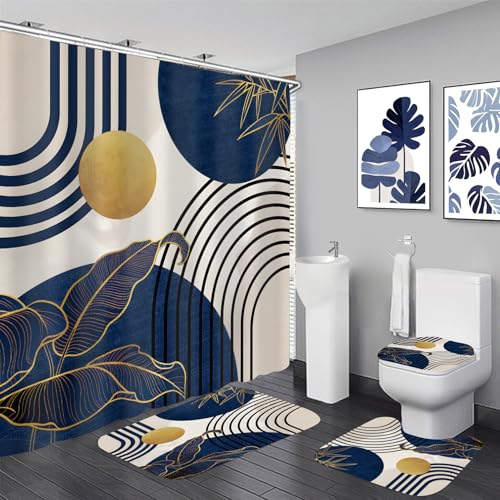 LQCOOL 4Pcs Blue Shower Curtain Set, Boho Bathroom Sets, Bamboo Leaf Bathroom Shower Bathroom Sets with Shower Curtain and Rugs, Shower Curtain with 12 Hooks - color: Blue Black
