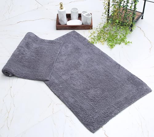 WOVEN ST. Reversible Tufted Bath Rugs | Area Rugs for Spa, Vanity Shower, Bathrooms, Kitchen, Bedroom | Water Absorbent Linens | 100% Cotton | Pack of 2 | 17’’ x 24’’ & 21’’ x 34’’ Inches | Dark Grey - color: Dark Grey, size: 17" x 24" (Rectangular) + 21"