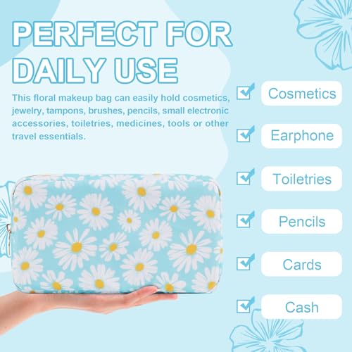 Waterproof Small Floral Makeup Bag Pouch for Purse,Nylon Flower Cosmetic Bag Preppy Travel Toiletry Storage Bag for Women Girl,Cute Makeup Organizer Bag Skincare Bag with Zipper(Small Blue-Daisy) - color: Blue-Daisy, size: Small