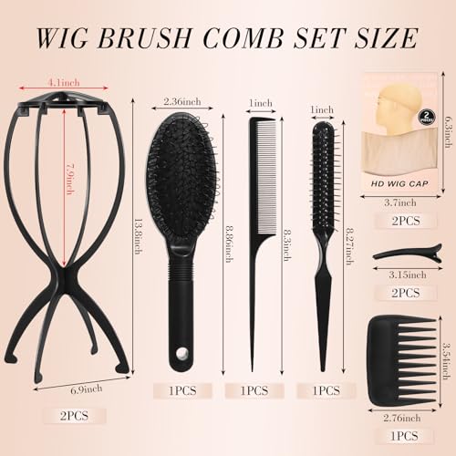 obeoby Wig Stand and Wig Brush Comb Set for Human and Synthetic Hair | 2 foldable stand, 4 gentle detangling combs, 2wig caps, 2 hair clips,for home, salon or travel, little gift for wig lovers