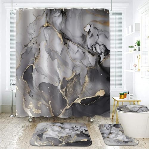 Marble Bathroom Sets with Rugs for Bathroom Decor, 72x72 Inches Gold Shower Curtain with Non-Slip Rugs and Accessories, Waterproof Machine Washable Bath (Curtain Set-Gary Gold Marble) - color: Curtain Set-gary Gold Marble