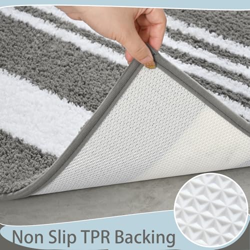 HOMORE Bathroom Rug 24x17 Inch Grey and White Striped Bath Mat, Absorbent Washable Non Slip Bathroom Rugs, Rubber Backing Quick Dry Carpets, Plush Rugs for Sink Shower Floor - color: Grey/White, size: 2' x 1'5" (24x17inch)