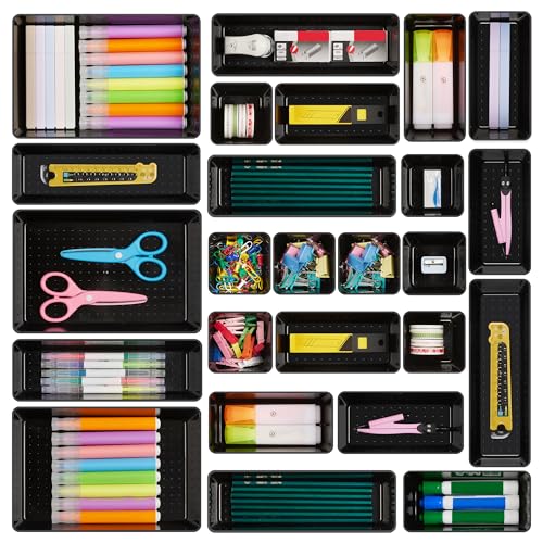 Vtopmart 25 PCS Office Desk Drawer Organizers Set, 4-Size Versatile Plastic Drawer Organizer Trays, Storage Bins for Desk Accessories Office Organizers and Storage, Bathroom, Makeup, Vanity, Black - color: Black