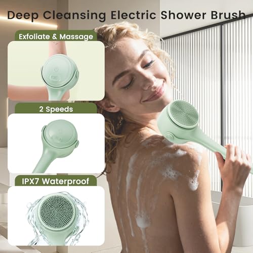 Electric Back Scrubber for Shower - Waterproof Rechargeable Exfoliating Brush for Deep Cleansing, Soft Bristles for Sensitive Skin, Dry/Wet Use for Back, Arms & Legs - color: Mint Green