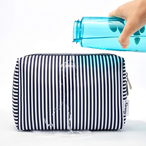 Narwey Cute Makeup Bag Travel Cosmetic Bag Organizer Toiletry Bag Make Up Bags with Compartments for Women Girls (Large, Blue Stripe) - color: Blue Stripe, style: Large