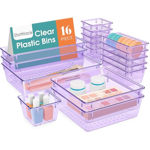 StorMiracle 16 PCS Drawer Organizer Set, 5 Varied Size Bathroom and kitchen Drawer cabinet organizer Trays, Clear Storage Bins for Makeup, Jewelry, Utensils and Gadgets, Purple - color: Purple, size: 16 PCS