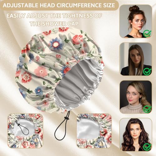 Shower Cap Adjustable Waterproof Double Layer Elastic Reusable Hair Bath Cap Cute Aesthetic for Women Girls-Pink Blue Floral - color: R7-Pink Blue Floral