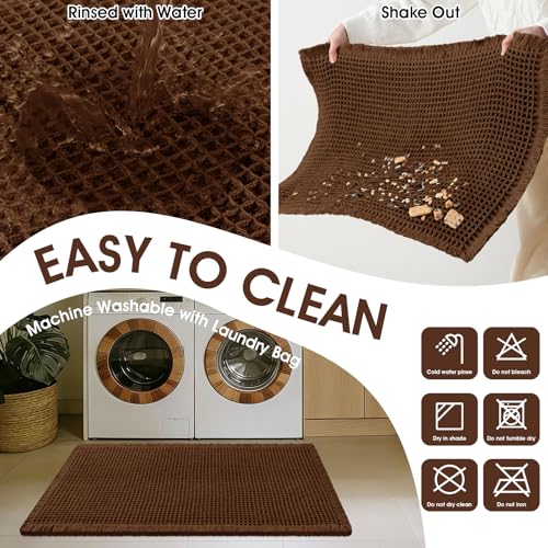 Waffle Bath Mat Set 2 Piece, Boho Woven Modern Bath Rug Absorbent Non Slip, Ultra Soft Bathroom Mats, Machine Washable Knit Bath Rugs with Tassels for Bathroom, Bedroom, Kitchen, Shower, Tub, Brown - color: Brown-looped, size: 24" x 17" + 5' x 2'(2-Piece