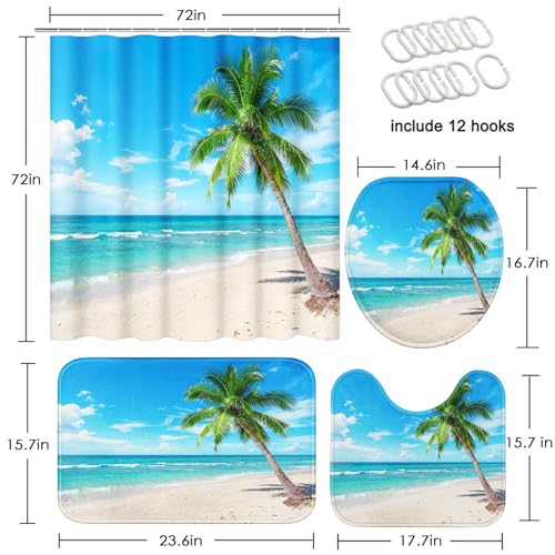 ArtSocket Beautiful Beach Bathroom Set with Shower Curtain and Rugs Accessories, Coconut Palm Paradise Summer Island Tropical Tropical Shower Curtain for Bathroom Decor 4 Pcs - color: Landscape Sand Blue Sea