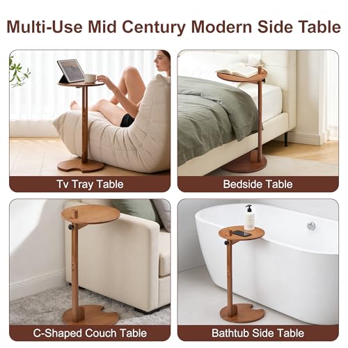 Bamboo C Shaped Side End Table 18–26" Height Adjustable for Sofa | Round Slide Under Couch TV & Snack Tray, Mid Century Modern Laptop Desk for Small Spaces Living Room Bedroom Bedside - color: Walnut