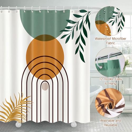 Haull 7 Pcs Boho Abstract Shower Curtain Set with Non-Slip Rugs Toilet Lid Cover Bath Mat Towels, Mid Century Modern Geometric Leaf Minimalist Bathroom Decor for Home Bathroom Set with 12 Hooks - style: Boho