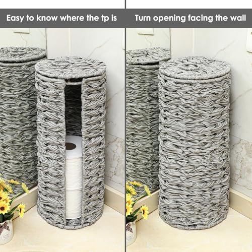 4 Mega Rolls Extra Toilet Paper Storage with Lid, Waterproof Plastic Wicker Toilet Paper Holder Basket Stand, Decorative Boho Covered Enclosed Toilet Tissue Organizer for Bathroom, Grey