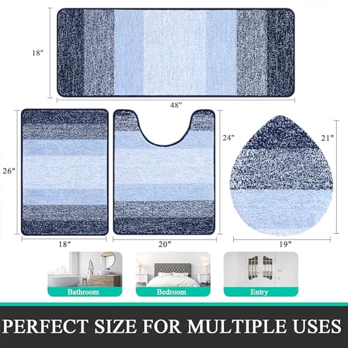 Bsmathom Bathroom Rugs Sets 4 Piece, Soft Absorbent Microfiber Bath Rugs with U-Shaped Contour Toilet Rug and Toilet Lid Cover, Thick Non-Slip Plush Shaggy Bath Mat Set,Navy Blue - color: Navy Blue, size: 18"x26"+18"x48"+U20"x24"+Cover19"x21"