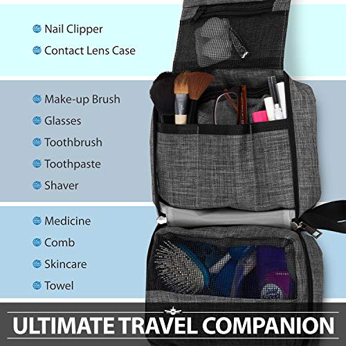 Fosmon Hanging Travel Toiletry Bag, Compact Travel Organizer | Water-resistant nylon, multiple pockets for toiletries/makeup, lightweight, ideal for men/women, shower and travel use.