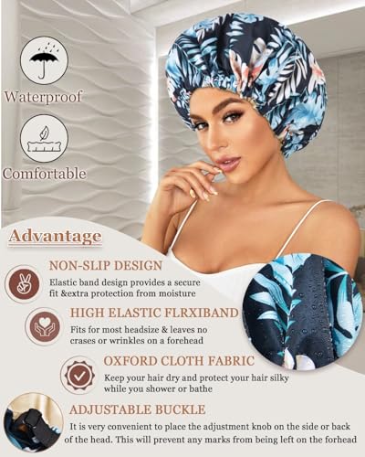 Luvruitaky Large Shower Caps for Women Reusable Waterproof Satin Lined Shower Cap with Adjustable Band Double Layer Design Luxury Washable Bath Hair Bonnet (Black Palm) - color: Black Palm