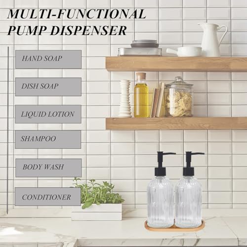 Glass Hand and Dish Soap Dispenser Set of 2 with Plastic Pumps, Bamboo Tray, 13.5oz Clear Bathroom Soap Dispenser with Vertical Stripe for Hand Wash & Dish Wash, Ideal for Bathroom Kitchen Countertop - color: Clear
