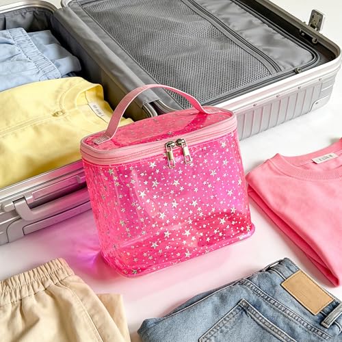Holographic Star Print Pink Makeup Bag - Portable & Waterproof Barrel-Shaped Toiletry Bag, 8.27x6.7x6.3in Cosmetic Case for Women & Men (Pink Star) - color: Pink