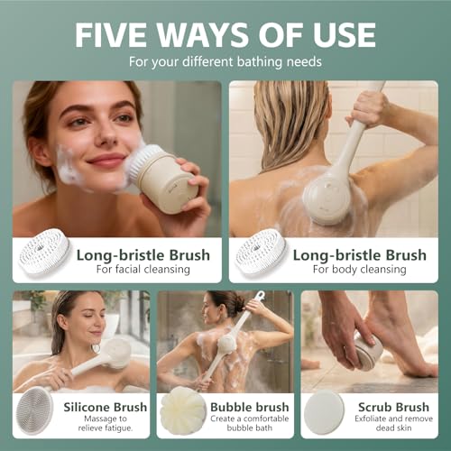 Electric Body Brush Back Scrubber for Shower, Waterproof Long Dual Handle Power Body Scrubber with 4 Heads, Bath Brush & 2 Speeds, for Deep Cleansing, Exfoliating and Massaging Skin (Beige) - color: Beige