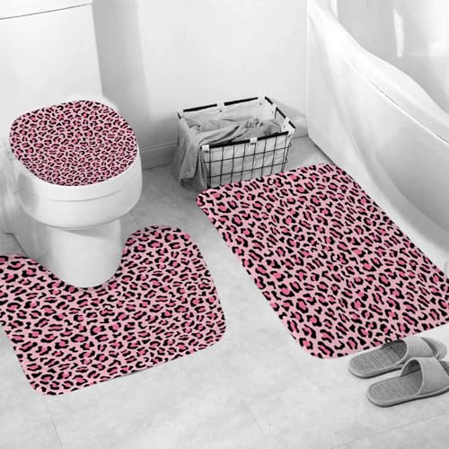 4 PCS Leopard Shower Curtain Cheetah Print Shower Curtain Sets Non Slip Bathroom Rugs Soft Plush Bath Mat Toilet Lid Cover Animal Print Shower Curtains with 12 Hooks for Bathroom Tub, Pink - color: Pink
