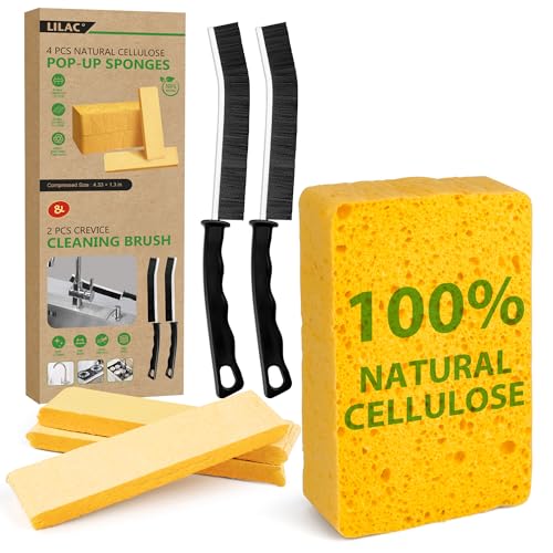 LILAC 6 Pcs Deep Cleaning Set: 2 Pack Stiff-Bristle Crevice Cleaning Brushes & 4 Pack Compressed Natural Cellulose Sponges, Gap Cleaner Scrubber Tool for Window Tracks, Tile, Kitchen, Bathroom