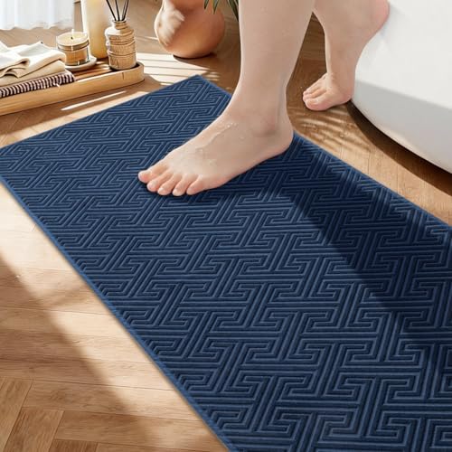 YIHOUSE Navy Blue Bathroom Runner Rugs 17"x47", Quick Dry Non Slip Long Bath Rug, Absorbent Machine Washable Thin Bath Mat for Restroom Floor Tub Laundry Room Home Decor - color: Navy Blue, size: 1'5" x 3'11" (Rectangular)