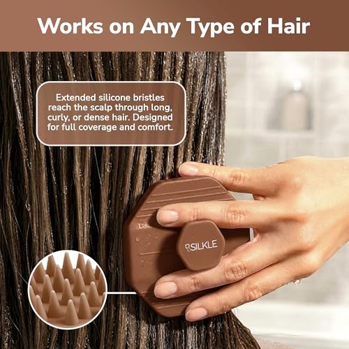 SILKLE Scalp Massager Shampoo Brush – Silicone Scalp Scrubber for Hair Growth & Dandruff Removal, One-Piece, Non-Slip Handle, Soft Bristles, Wet/Dry Shower Scalp Exfoliator for All Hair Types – Brown - color: Brown