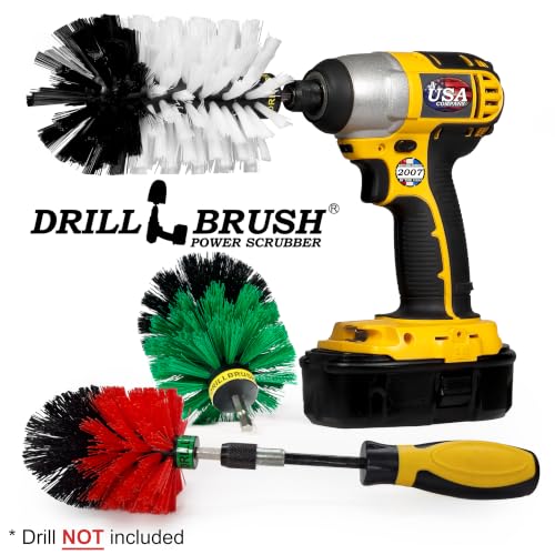 Drillbrush Handle Variety Kit - Car Cleaning Supplies Interior - Car Detailing Kit - Scrub Brushes for Cleaning - Wheel Cleaning Brush for Drill - Brush Heads for Cleaning Cars, Kitchens & Outdoors - color: White / Green / Red