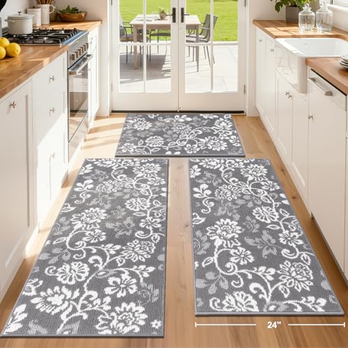LOKHOM Boho Kitchen Rugs Sets of 3, Non Slip High-Low Textured Kitchen Mats for Floor with Rubber Backing, Paisley Floral Washable Carpet Runner for Hallways Entryway Laundry Sink (Grey & White) - color: Grey, size: 24"x35"+24"x48"+24"x60"