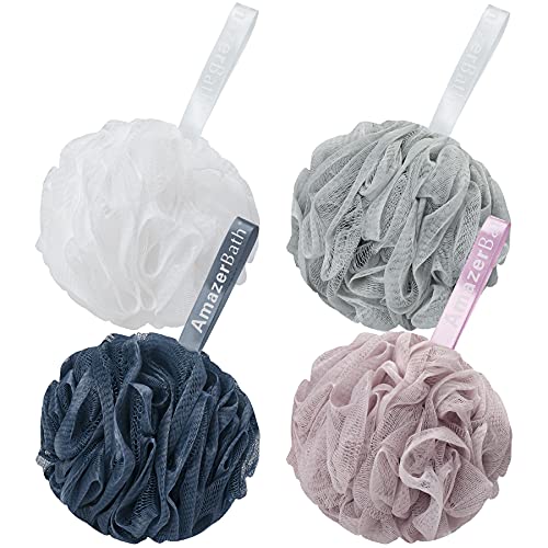 AmazerBath Loofah Sponge 75g/Piece, Exfoliating Bath Sponge Body Scrubber - Loofa Set of 4 Grey Blue-Pink-Grey-White (Large) - style: Pink-White