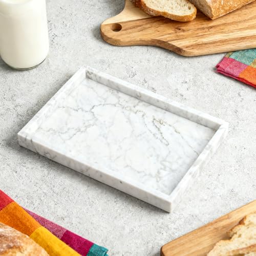 Genuine Marble Tray for Bathroom Sink, Perfume Tray for Vanity, Real Stone Tray for Home Decor, White Marble Storage Tray for Kitchen, Canisters Tray for Bathroom Countertop (Carrara White-12"x8"x1")