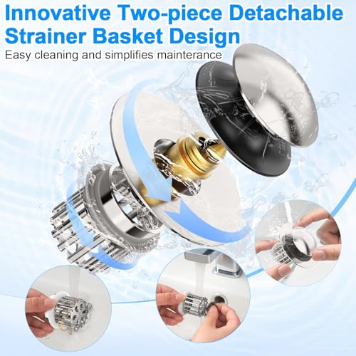 Universal 3 in 1 Bathroom Sink Drain Strainer,Pop Up Bathroom Sink Stopper with Removable Filter Basket,Sink Hair Catcher,Bathroom Drain Stopper Sink Plug for 1.1"-1.65" Basin Drain Holes - color: Brushed Nickel