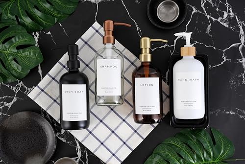 Emerson Soap Dispenser, Dish Soap Dispenser for Kitchen, Soap Dispenser Bathroom Set - Hand Soap Dispenser, Kitchen Soap Dispenser Set, Glass Soap Dispenser with Pump and Labels - 16 Oz, 2 Pack - color: 03 – Black / Brass