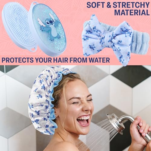 Disney Stitch Shower Accessories Set and Clear Toiletry Bag with Shower Cap Headband Bath Sponge for Bath Spa, Gifts for Girls, Teens, Women (Blue Stitch) - color: Blue Stitch, style: Stitch