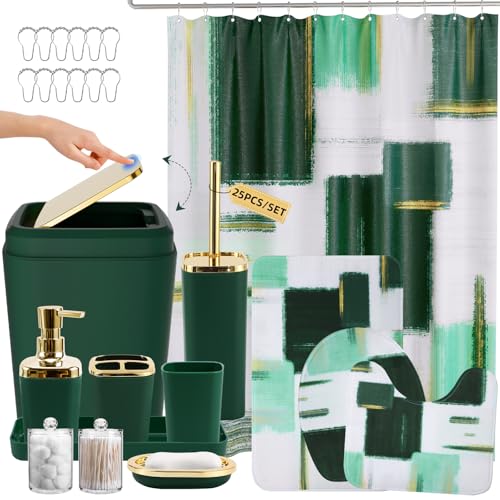 XLHOMO Bathroom Accessories Set - 25PC Bathroom Set with Shower Curtain and Rugs, Green Bathroom Set, Bathroom Accessory Set with Press-on Lid Trash Can, Soap Dispenser and Qtip Holders - color: Green & Gold, size: Plaid Complete Set + Bath Rugs