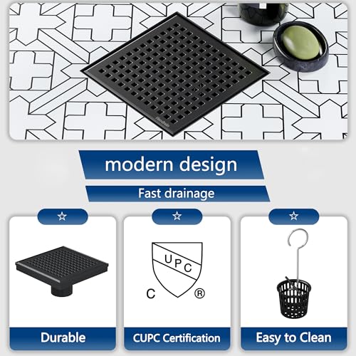 Neodrain Matte Balck Square Shower Drain with Removable Quadrato Pattern Grate, 304 Stainless Steel Square Drain, CUPC Certified, with Hair Strainer and Lifting Hook (Matte Black, 6 in) - color: Matte Black, size: 6 IN