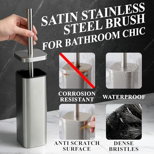 Toilet Brush with Square Holder - Toilet Brush and Holder Set Silver, Stainless Steel Handle with Splash Shield, Replaceable Head and Removable Inner Cup - Freestanding Bathroom Toilet Cleaning Set - color: Silver Rounded Square