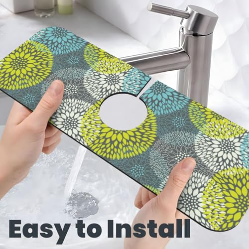 Blue Green Gray Flower Chrysanthemum 15" X 5.5" Kitchen Sink Splash Guard Faucet Faucet Guard Draining Mat Sink Splash Guard Faucet Kitchen Bathroom - color: Blue Green Gray Flower Chrysanthemum