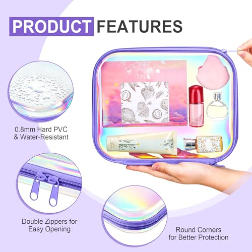 Hoolerry 4 Pcs Hard Clear Zipper Case Makeup Bags Plastic Zipper Pouch Transparent Storage Box Containers for Cosmetics, Snacks, Building Blocks, Puzzles(Clear,9.8 x 7.9 x 2 in,Purple Laser) - color: Purple Laser, size: 9.8 x 7.9 x 2 in