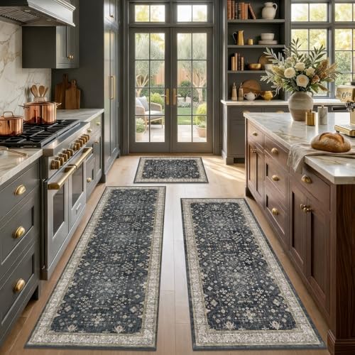 Black Boho Kitchen Rugs Set of 3, Non-Slip Machine Washable Kitchen Floor Mats, Low-Pile Runner Rug for Sink, Entryway, Bathroom, Laundry Room, Bedroom, Vintage Farmhouse Design - color: Ashen / Multi