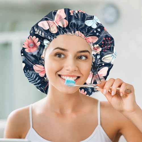 Luxury Shower Cap Silk Satin Lined Waterproof Reusable Adjustable Elastic Dry Hair Bathing Caps Cute for Women Girls-Butterfly Flower - color: C--4-Butterfly Flower