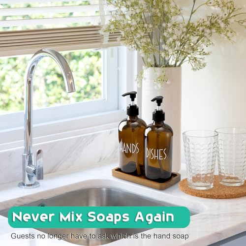 ALELION Amber Dlass Soap Dispenser for Kitchen - 16 OZ Hand and Dish Soap Dispenser Set with Acacia Wood Tray - for Kitchen Decor and Accessories - color: Amber