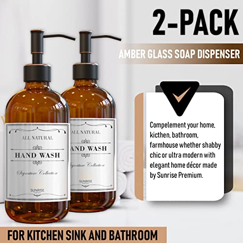 Sunrise Premium 2 Pack Amber Glass Soap Dispenser 16 OZ with Oil Rubbed Bronze Stainless Steel Pump, Hand and Dish Soap Dispenser Set for Bathroom and Kitchen Sink with 6 Waterproof Labels - color: Oil Rubbed Bronze Ss Pump - Amber Glass
