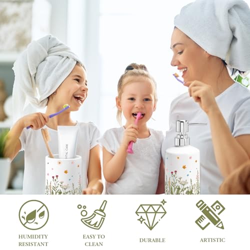 FYSUIMU Wildflower Bathroom Toothbrush Holder Set Green Vintage Floral Ceramic Soap Dispenser with Tooth Brush Organizer for Modern Bathroom Accessories Countertop Decor - color: Wildflower