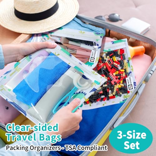 HIONXMGA TSA Approved Toiletry Bag, Set of 3 Clear Travel Toiletry Bag Quart Size Zipper Travel Pouch, Waterproof Makeup Cosmetic Bag for Women Men Kids Toiletries Carry on, Dinosaur White - color: Dinosaur White, Mixed Sizes