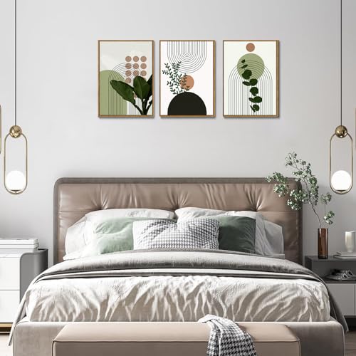Bwodke Boho Wall Art, Framed Abstract Wall Art, Plant Canvas Wall Decor, Mid Century Line Leaf Geometric Pictures Set of 3, Minimalist Paintings, for Bedroom Living Room Bathroom 16"x24" - color: Boho Plant, size: 16"x24"Natural