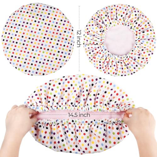 Shower Cap for Women Terry Lined Bath Cap Large Reusable Waterproof Elastic Band Pink Point Shower Caps for Long Thick Hair Soft Bath Shower Hair Caps - color: Color Dots