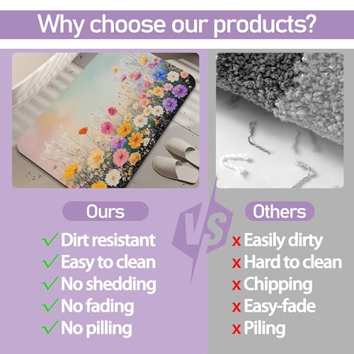 Colorful Flowers Bathroom Mat, Non Slip Rubber Backed Fast Dry Bath Rug, Thin Bath Mat for Bathroom Kitchen 17"x30" - color: Colorful Flowers